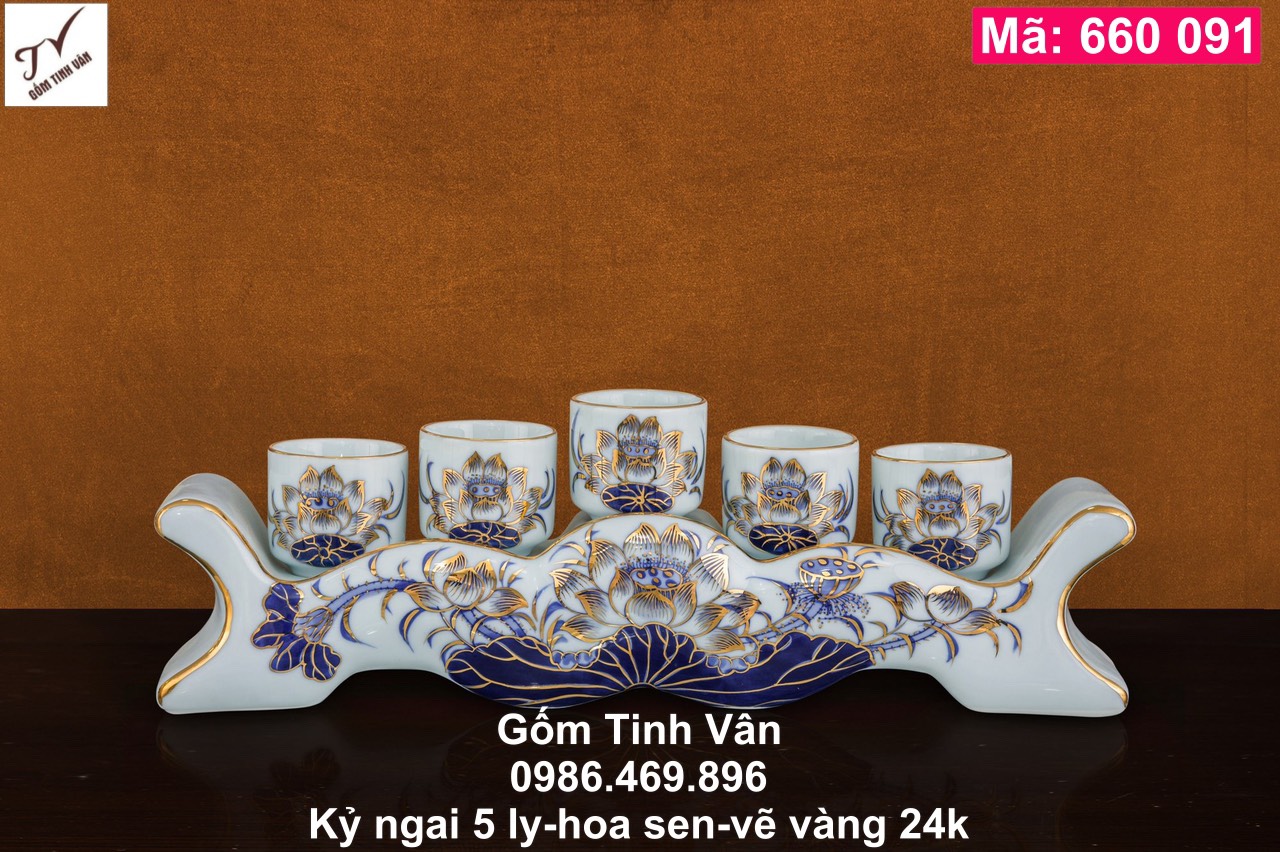 1 chiếc kỷ ngai 5 ly, mã 660091, sen xanh, vẽ vàng 24k, đồ thờ cúng, ban gia tiên, tài địa, phật, ông táo, gốm bát tràng, tinh vân