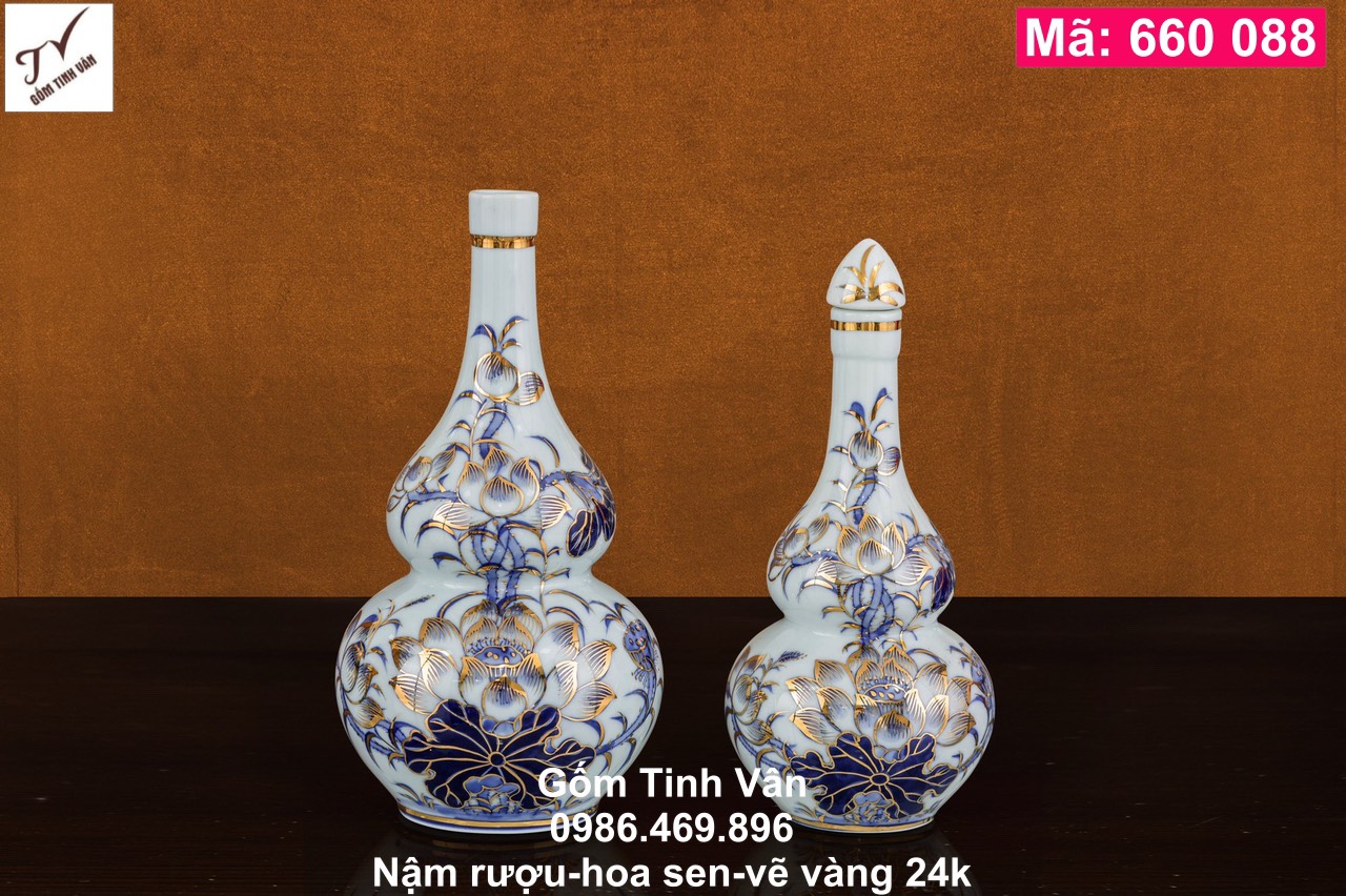 1 chiếc nậm rượu, hồ lô, mã 660088, sen xanh, vẽ vàng 24k, đồ thờ cúng, ban gia tiên, tài địa, phật, ông táo, gốm bát tràng, tinh vân