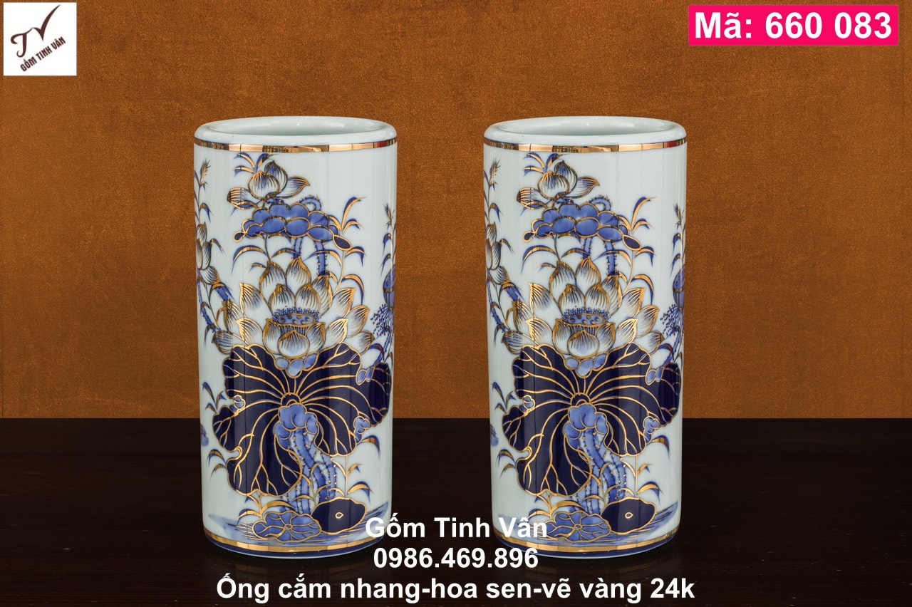 1 ống cắm nhang, mã 660083, sen xanh, vẽ vàng 24k, đồ thờ cúng, ban gia tiên, tài địa, phật, ông táo, gốm bát tràng, tinh vân