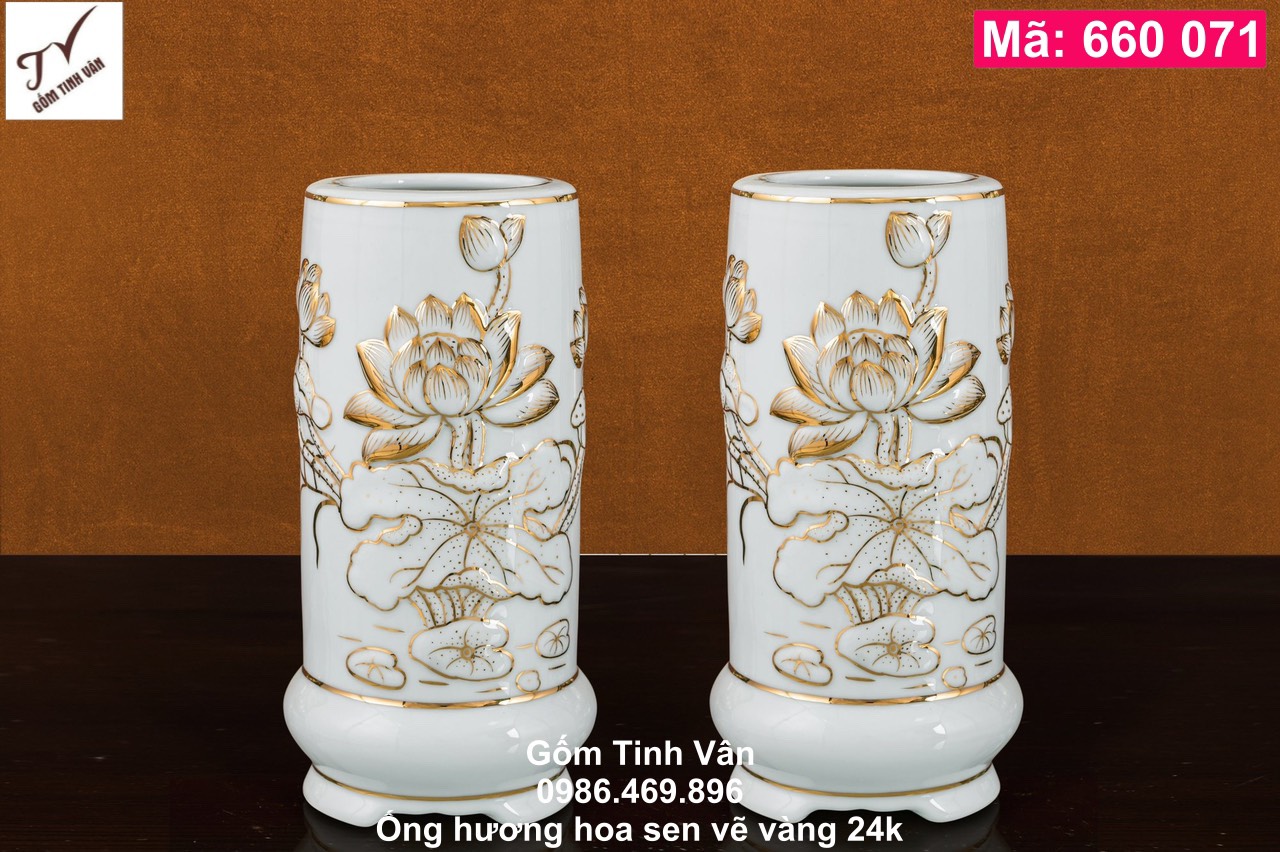 1 ống cắm nhang, mã 660071, cao 20 cm, men trắng, hoa sen đắp nổi, vẽ vàng 24k, đồ thờ cúng, gốm bát tràng, tinh vân