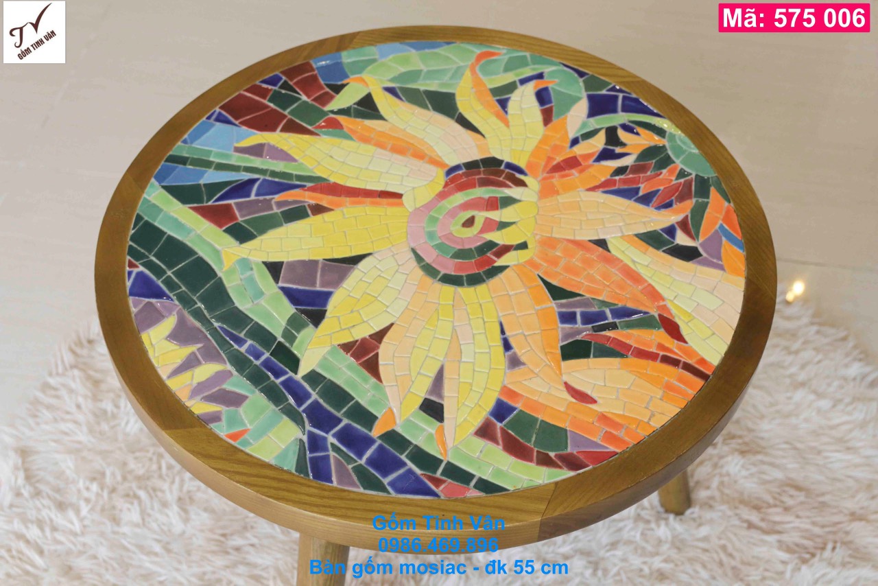 Bàn gốm mosiac, mã 575006, đk 55, cao 45 cm, 8.5 kg, chân gỗ sồi, tranh gốm ghép, sứ bát tràng tinh vân