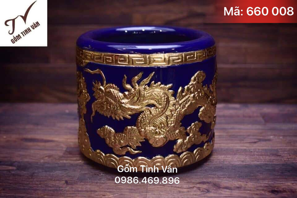 Bát nhang chạm khắc rồng vàng 24k, mã 660008, mệnh thủy, men xanh dương, gốm bát tràng tinh vân cao cấp