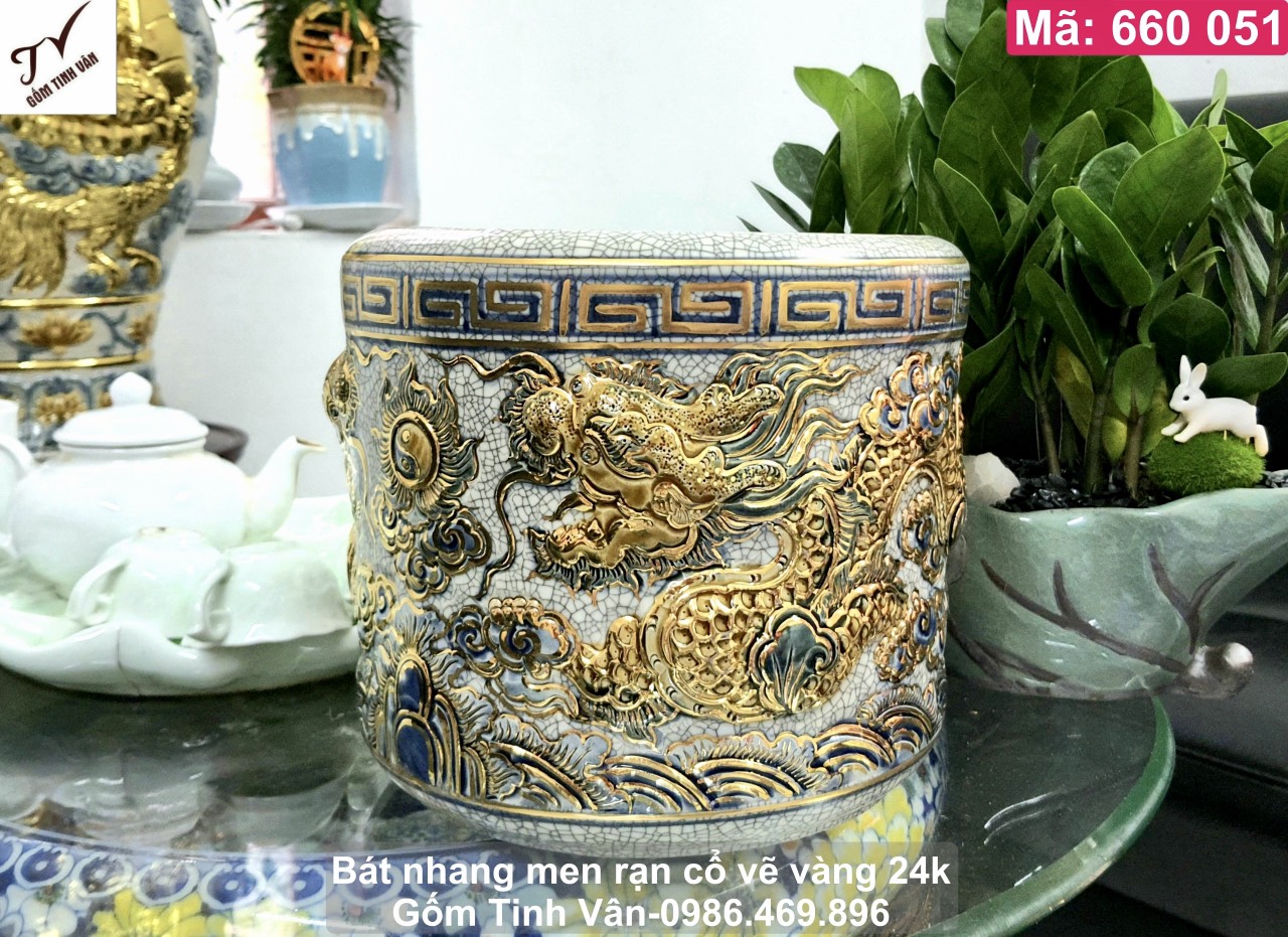 Bát nhang, bát hương, mã 660051, men rạn cổ, vẽ vàng 24 k cao cấp, hoa văn rồng chầu mặt nguyệt, chạm khắc tinh xảo, đồ thờ cúng ban gia tiên, ban thần tài, đủ cỡ 12-14-16-18-20-22-25-30-35-40-50 cm, gốm sứ bát tràng tinh vân
