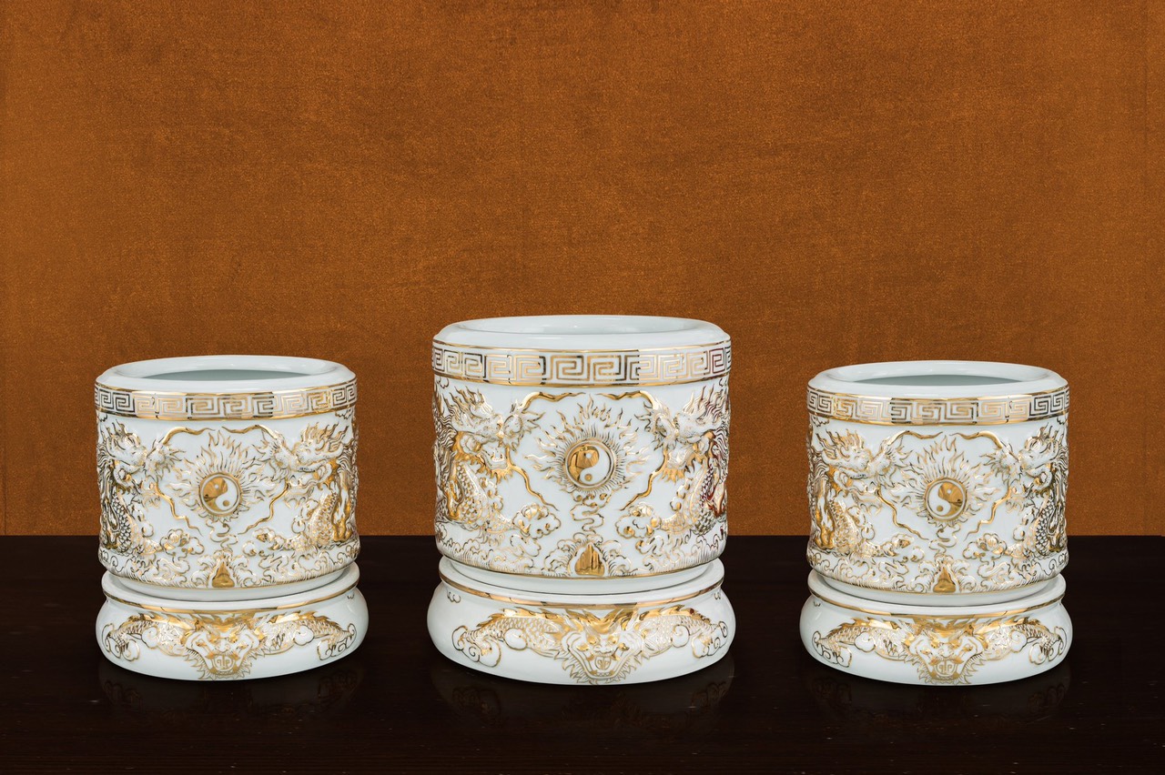 Bát nhang, bát hương rồng chầu nguyệt, mã 660064, men trắng, đắp nổi 3D, đồ thờ cúng, gốm bát tràng, tinh vân