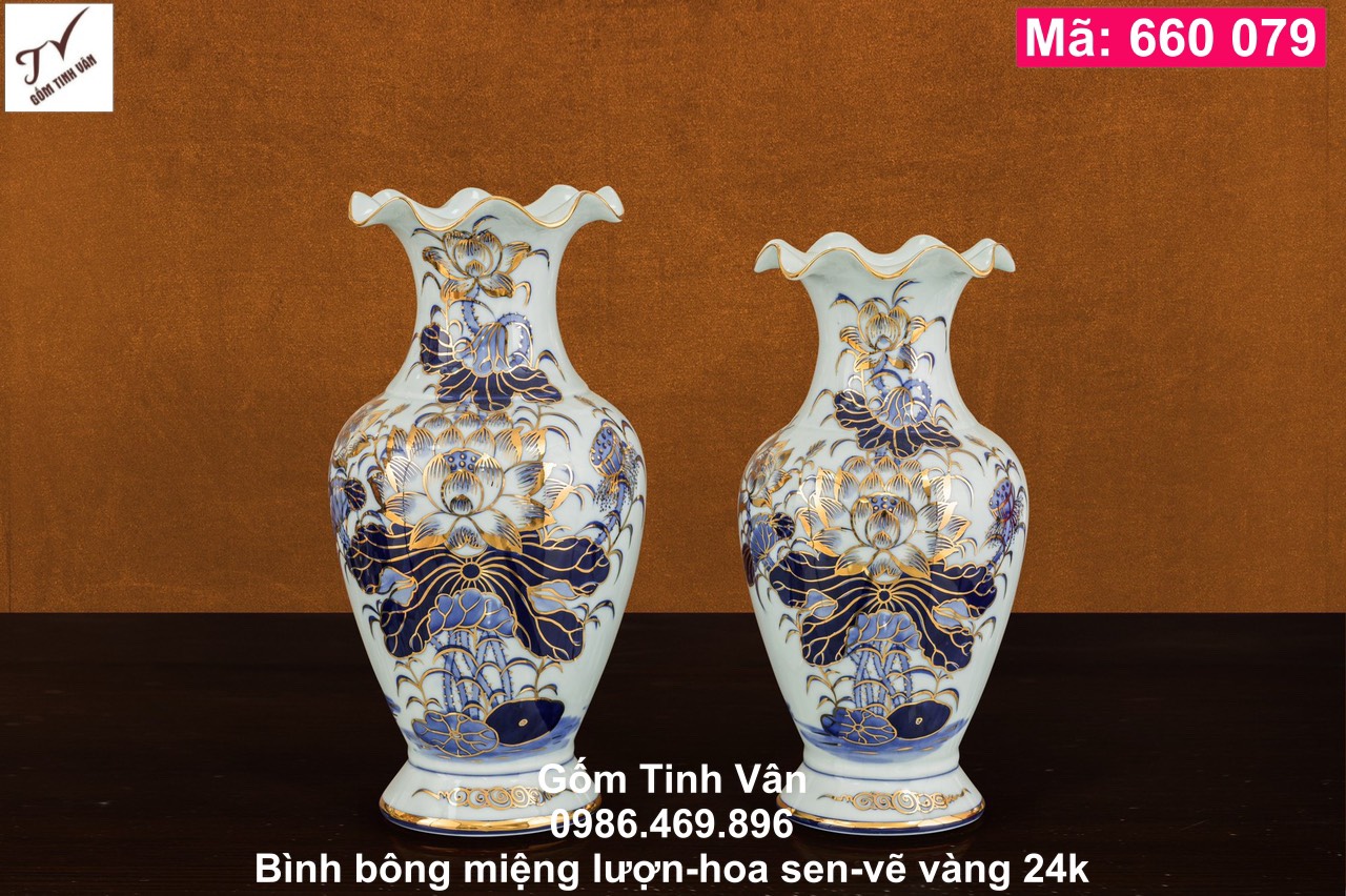 Bình bông, lọ hoa miệng lượn, mã 660079, sen xanh, vẽ vàng 24k, đồ thờ cúng, ban gia tiên, tài địa, phật, ông táo, gốm bát tràng, tinh vân