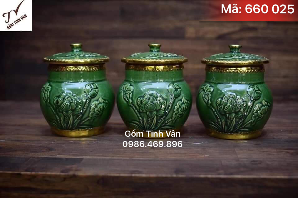 Bộ 3 hũ muối gạo nước, mã 660025, men ngọc lục bảo, viền đồng sang trọng, gốm bát tràng, tinh vân
