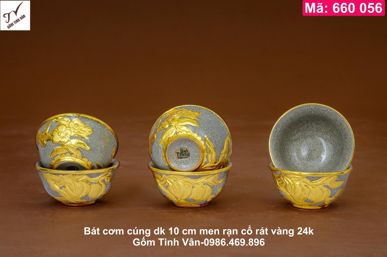 Bộ 6 chén cơm cúng rát vàng 24 k , mã 660056, đường kính 10 cm, men rạn cổ hoa đào, trái đào đắp nổi 3D, kết hợp bọc đồng, bát cơm cúng trên ban thờ, ban gia tiên, ban tài địa, ban thờ phật, gốm sứ bát tràng tinh vân