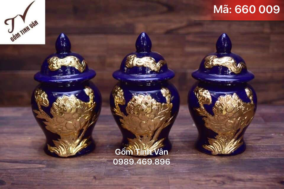 Bộ 3 hũ muối gạo nước, mã 660009, men xanh dương, rát vàng 24k, hoa sen đắp nổi, mệnh thủy, gốm bát tràng tinh vân cao cấp