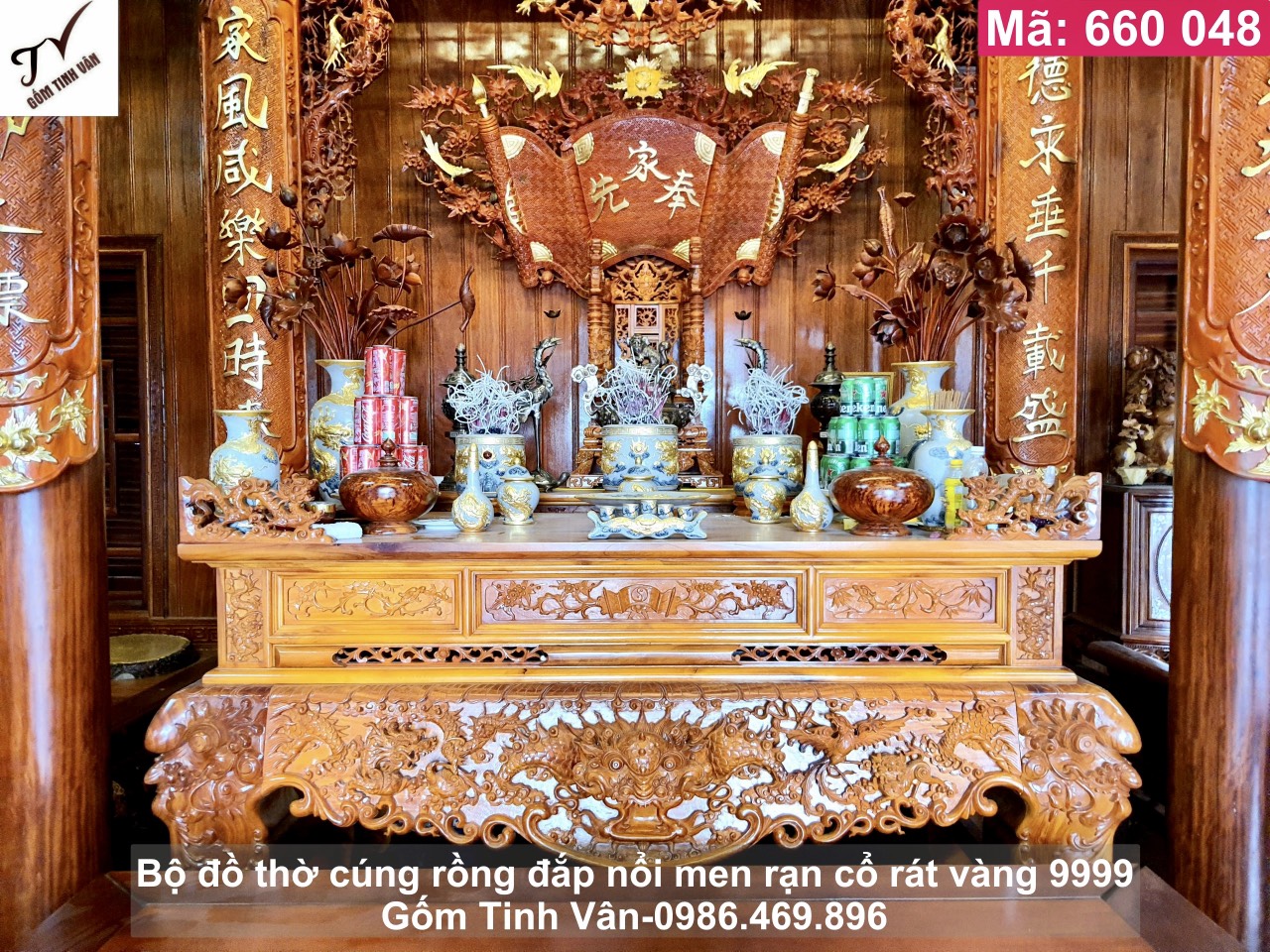 Bộ ban thờ đẳng cấp rát vàng 9999, mã 660048, bộ đồ thờ cúng gia tiên siêu đẹp, uy nghiêm, sang trọng, chạm khắc viền đồng, bộ ban thờ cúng ông bà, ban thờ tổ tiên, gốm sứ bát tràng tinh vân