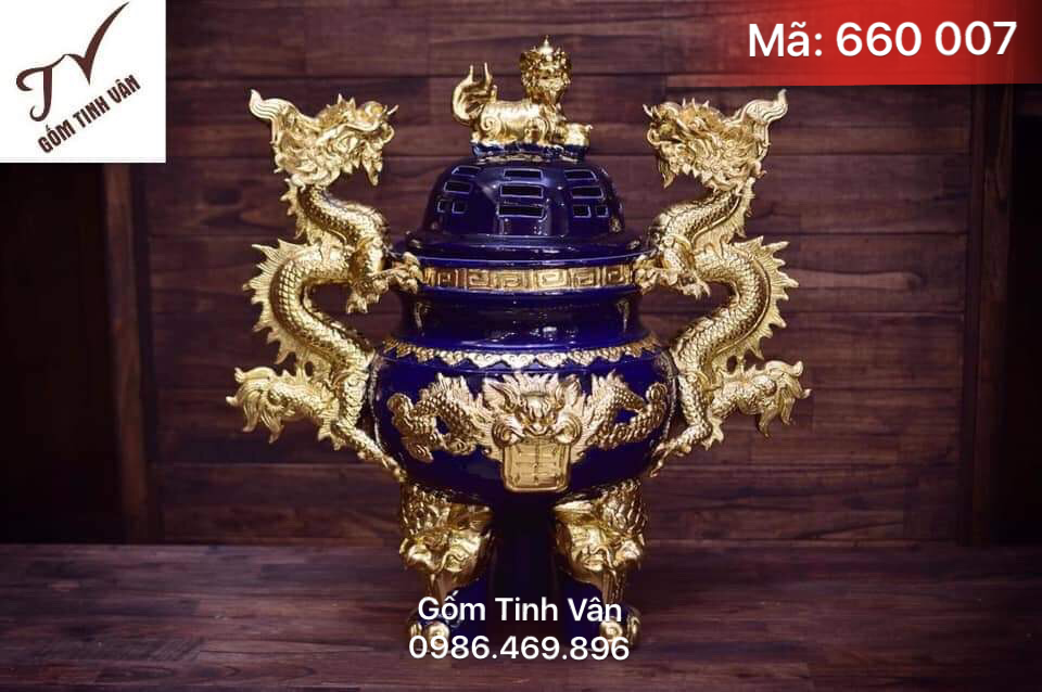 Bộ đỉnh hạc men xanh dương, mã 660007, mệnh thủy, rát vàng 24 k, chạm rồng đắp nổi, hạc cưỡi rùa, đỉnh rồng cuốn, gốm sứ bát tràng tinh vân cao cấp