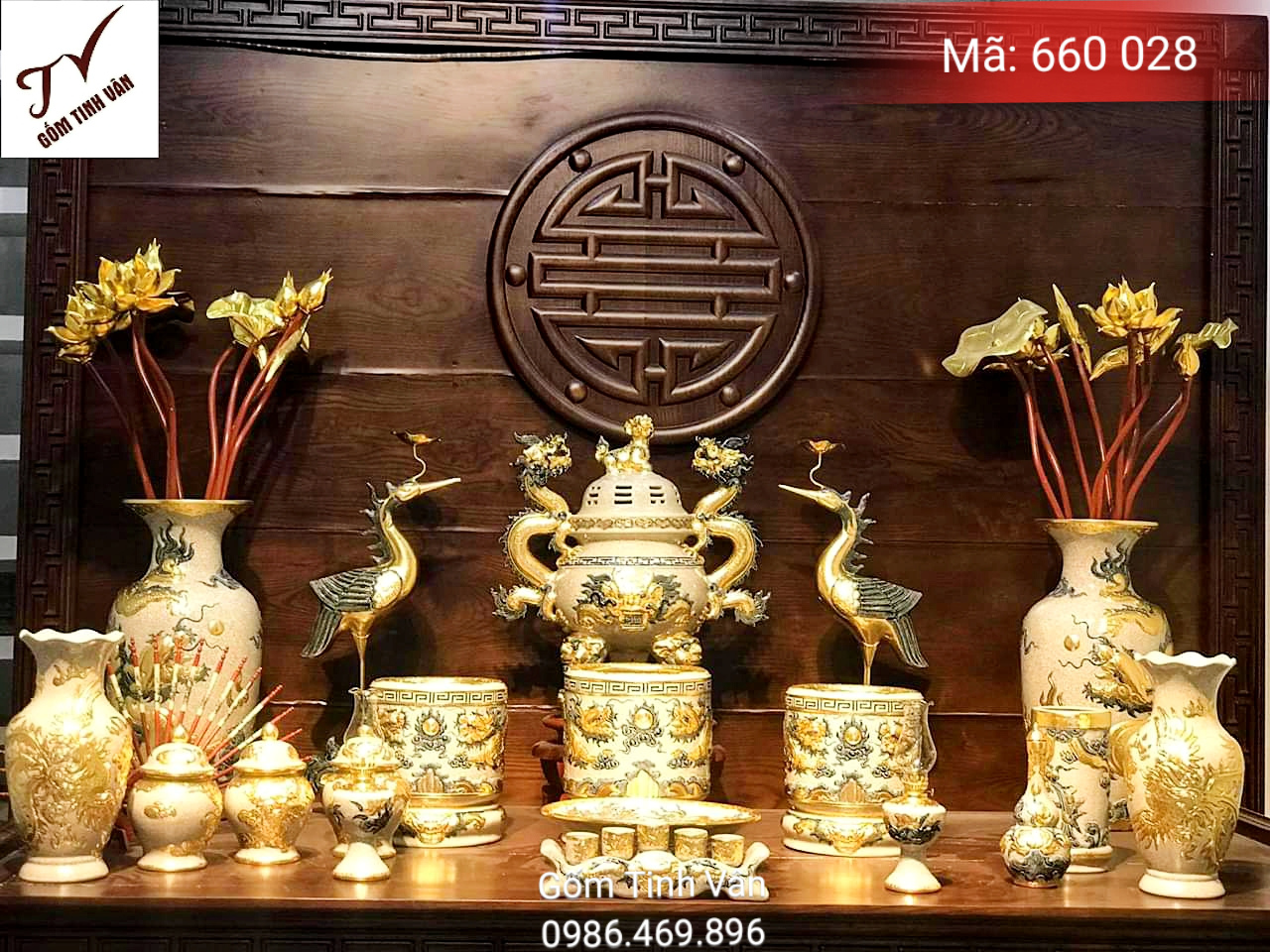 Bộ đồ thờ cúng đầy đủ, mã 660028, đỉnh hạc, bát nhang, bình bông, ly nước, hũ muối gạo nước, men rạn côe đắp nổi, vẽ vàng 24k,  gốm sứ bát tràng, tinh vân cao cấp