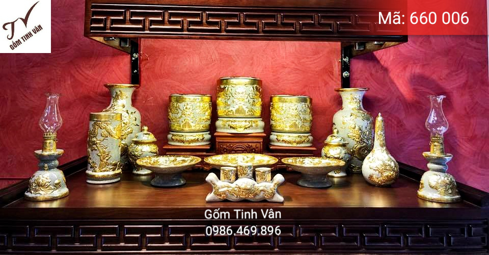 Bộ đồ thờ cúng, mã 660006, gốm bát tràng, men rạn cổ đắp nổi, rát vàng 24 k, gốm bát tràng, tinh vân