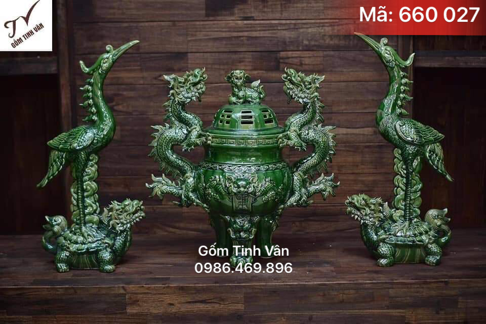 Bộ tam sự, mã 660027, đỉnh rồng cuốn, hạc cưỡi rùa, men xanh ngọc lục bảo, mệnh mộc, nghệ nhân chế tác, gốm bát tràng, tinh vân