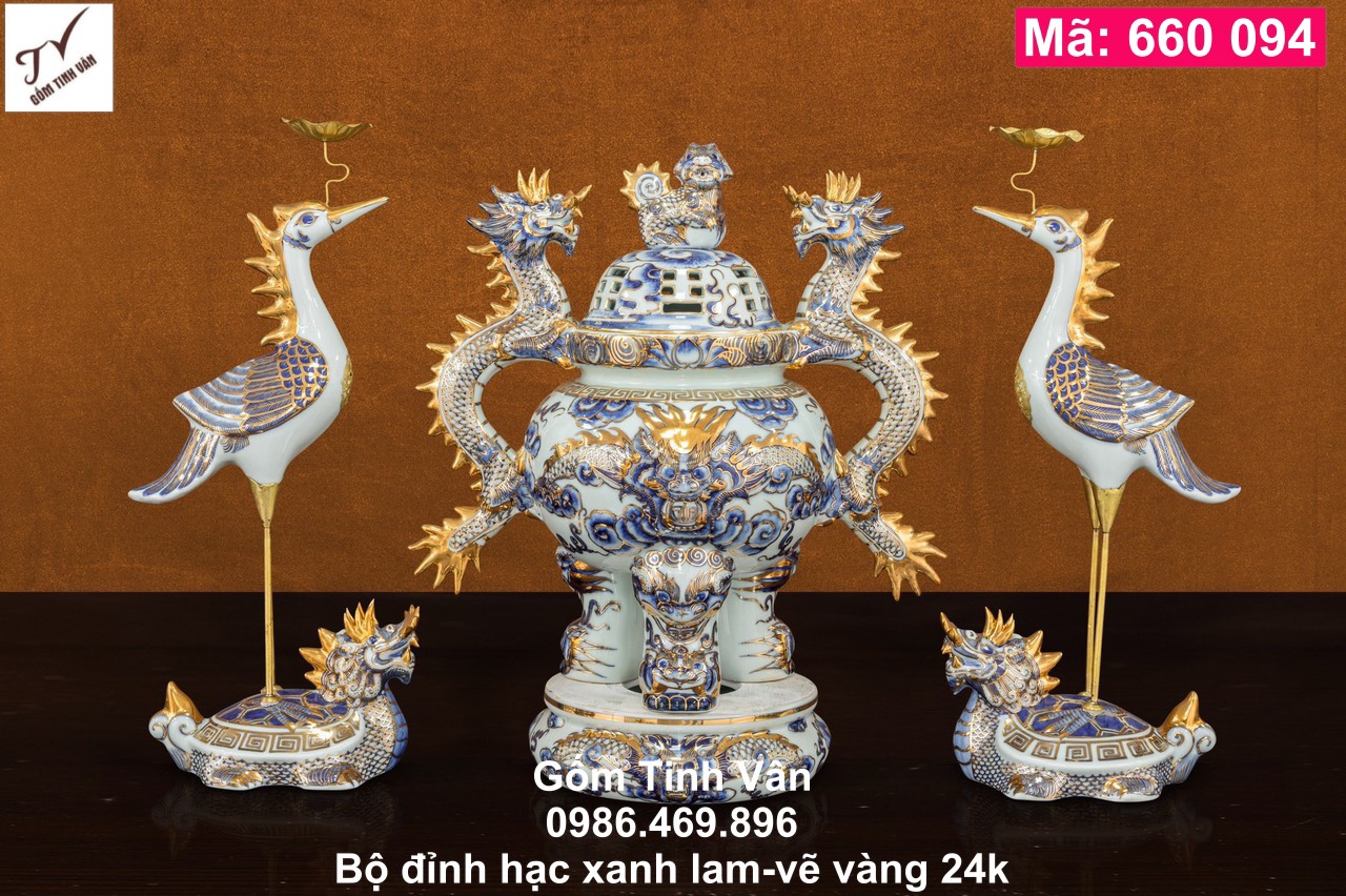 Bộ đỉnh hạc, mã 660094, xanh lam, vẽ vàng 24k, đồ thờ cúng, ban gia tiên, tài địa, phật, ông táo, gốm bát tràng, tinh vân