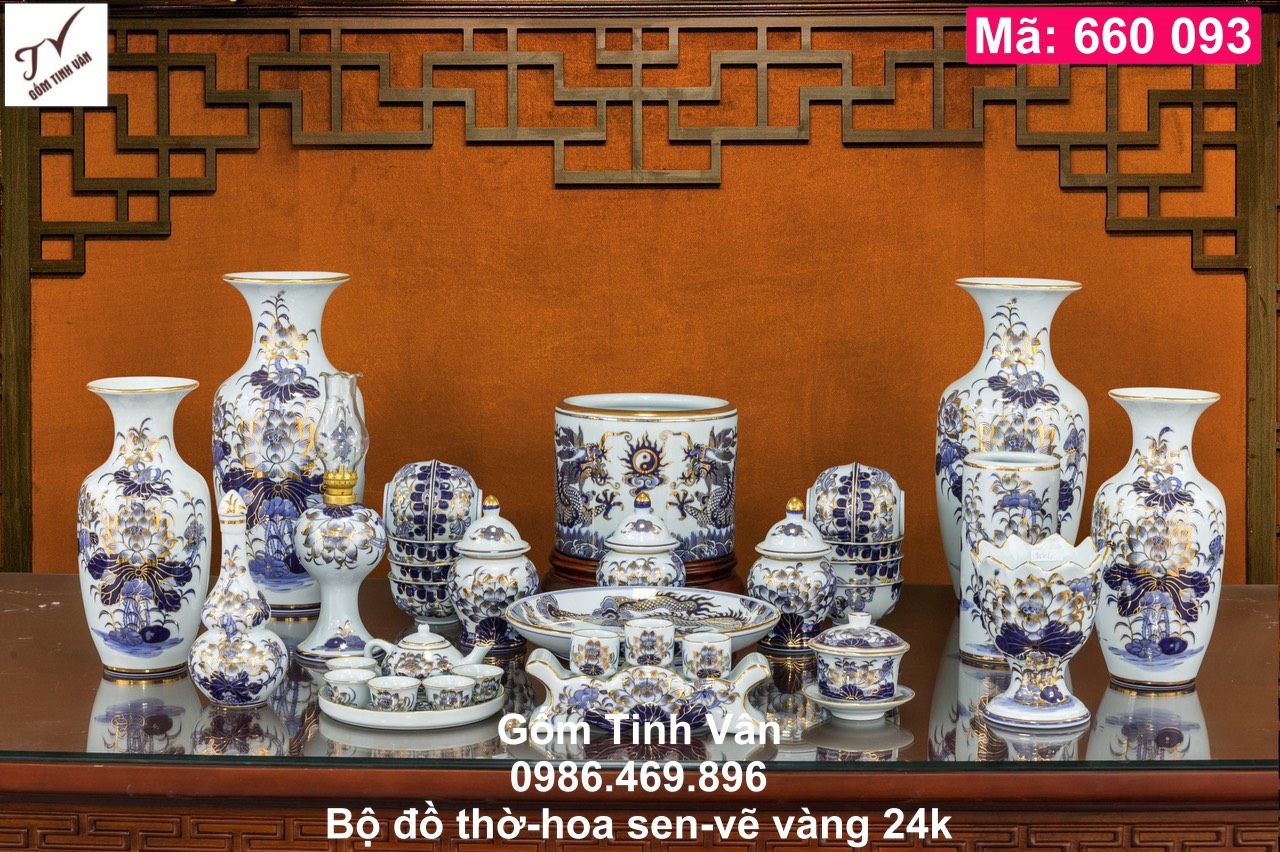 Bộ đồ thờ đầy đủ, mã 660093, sen xanh, vẽ vàng 24k, đồ thờ cúng, ban gia tiên, tài địa, phật, ông táo, gốm bát tràng, tinh vân
