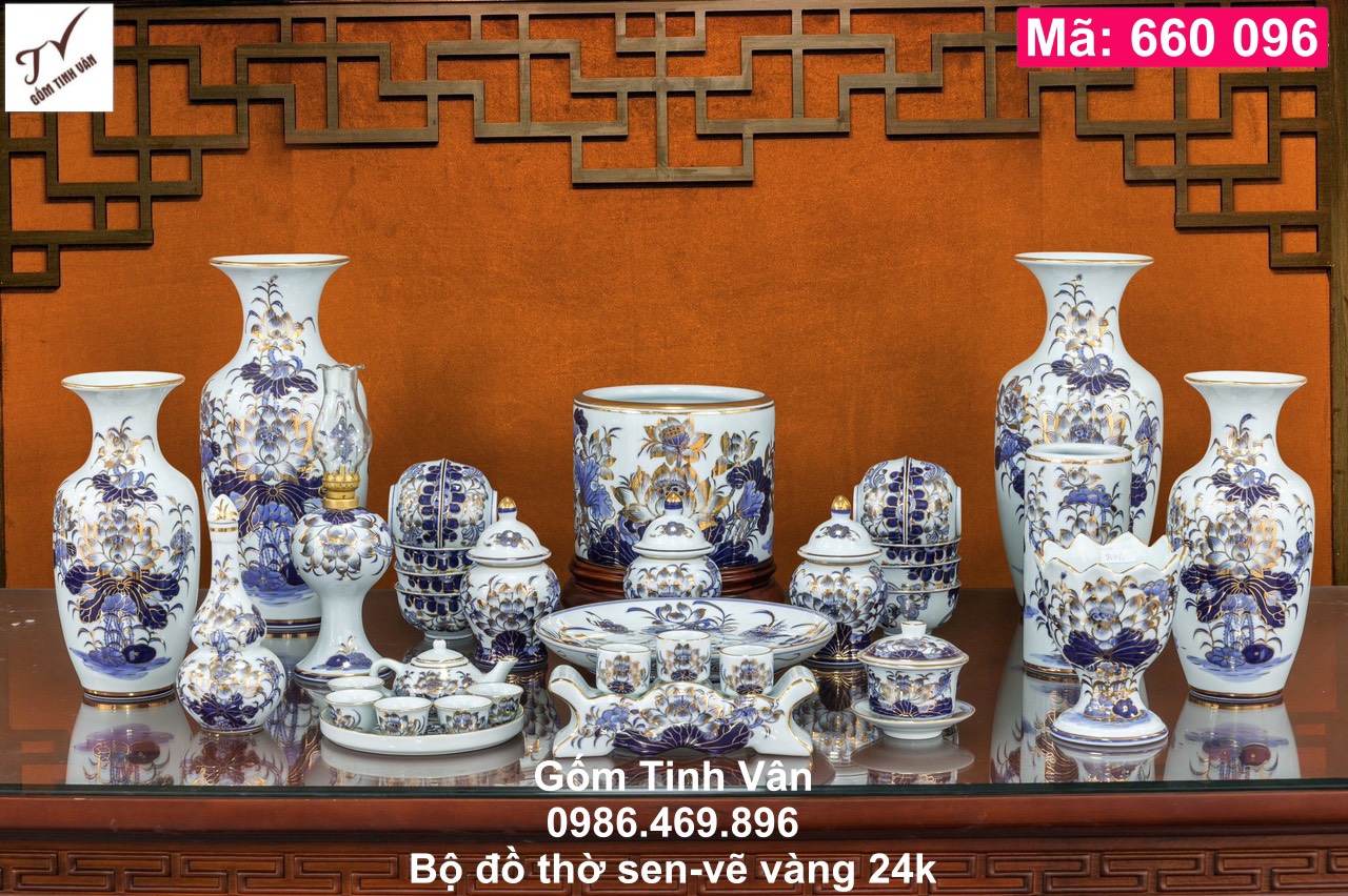 Bộ đồ thờ đầy đủ, mã 660096, sen xanh lam, vẽ vàng 24k, đồ thờ cúng, ban gia tiên, tài địa, phật, ông táo, gốm bát tràng, tinh vân