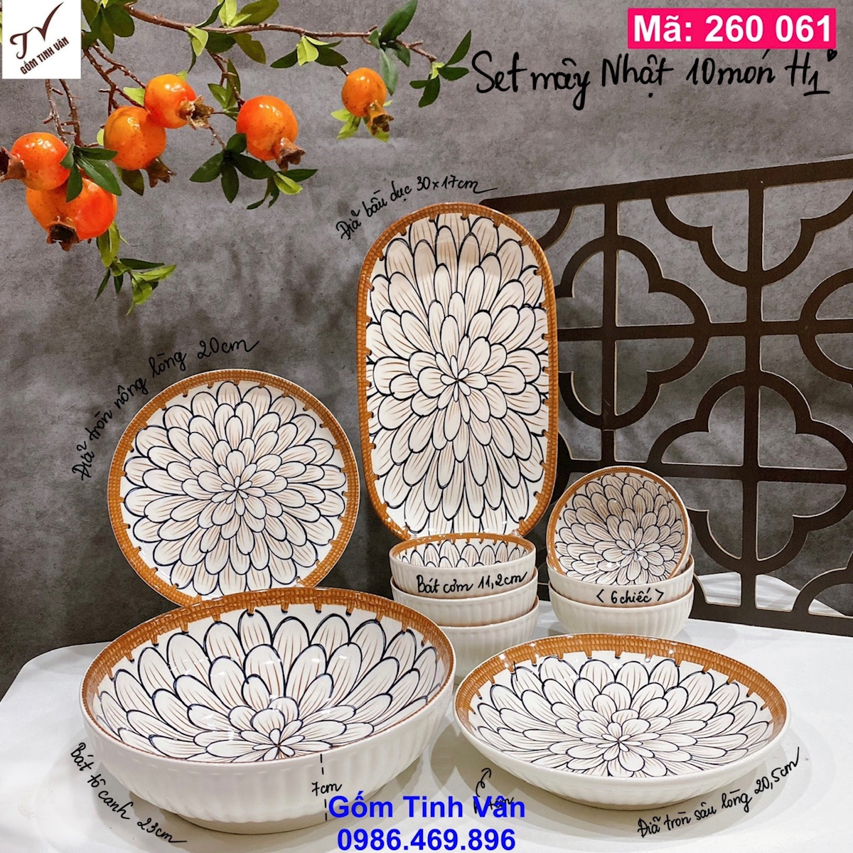 Bộ tô chén đĩa 10 món, mã 260061, vẽ hoa ngàn cánh, trắng đen, viền giả đan mây, gốm sứ bát tràng, tinh vân