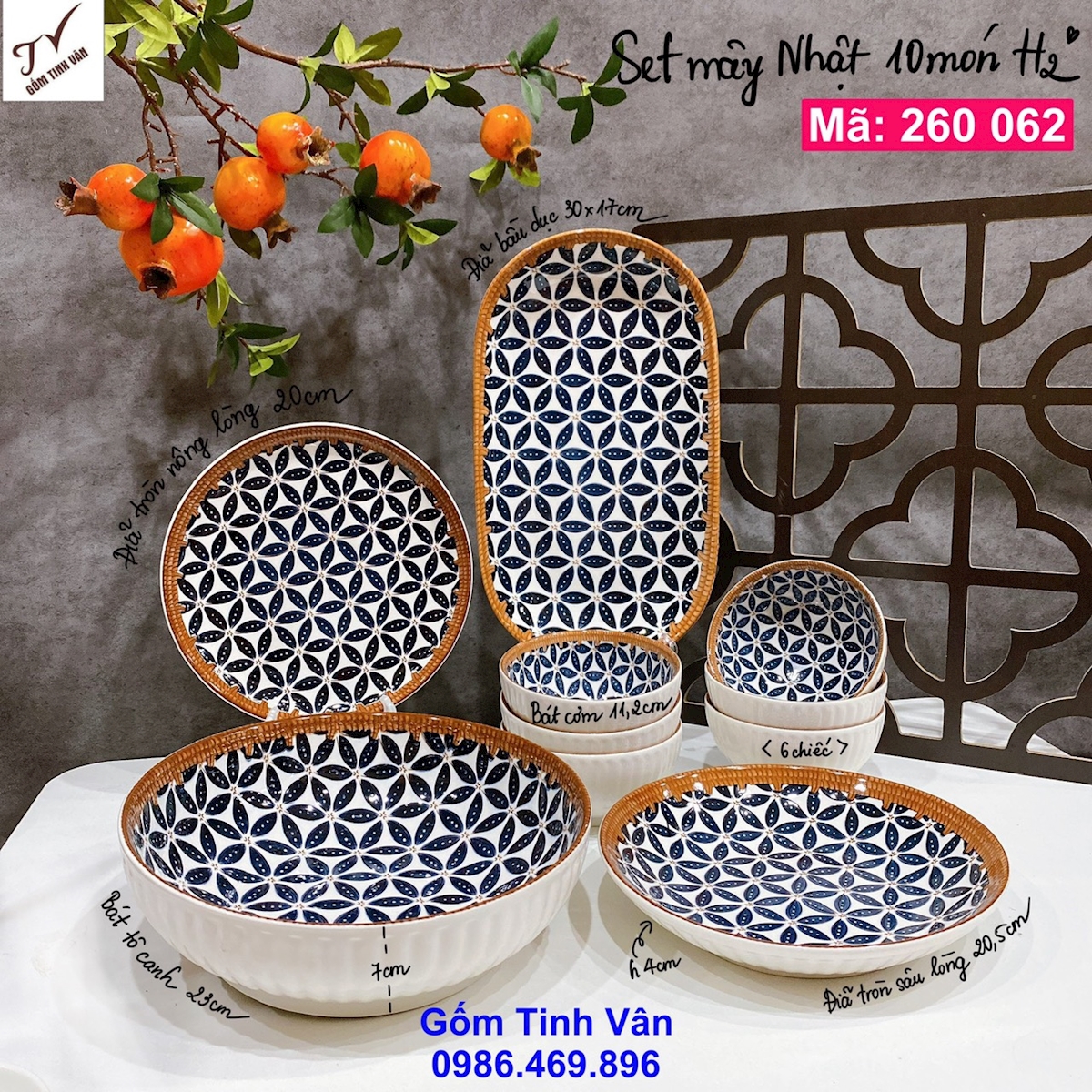 Bộ tô chén đĩa 10 món, mã 260062, vẽ hoa chanh, trắng đen, viền giả đan mây, gốm sứ bát tràng, tinh vân