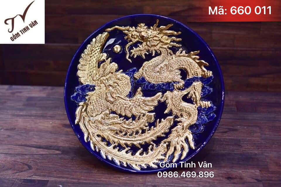 Đĩa trái cây cúng, mã 660011, mâm bồng, mâm ngũ quả, men xạnh dương, mệnh thủy, chạm nổi rồng phượng rát vàng, gốm bát tràng, tinh vân cao cấp