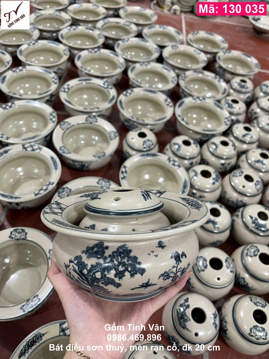 Điếu bát men rạn cổ, sơn thuỷ hữu tình, mã 130035, đk 20 cm, điếu hút thuốc lào, trưng bày, gốm bát tràng, tinh vân