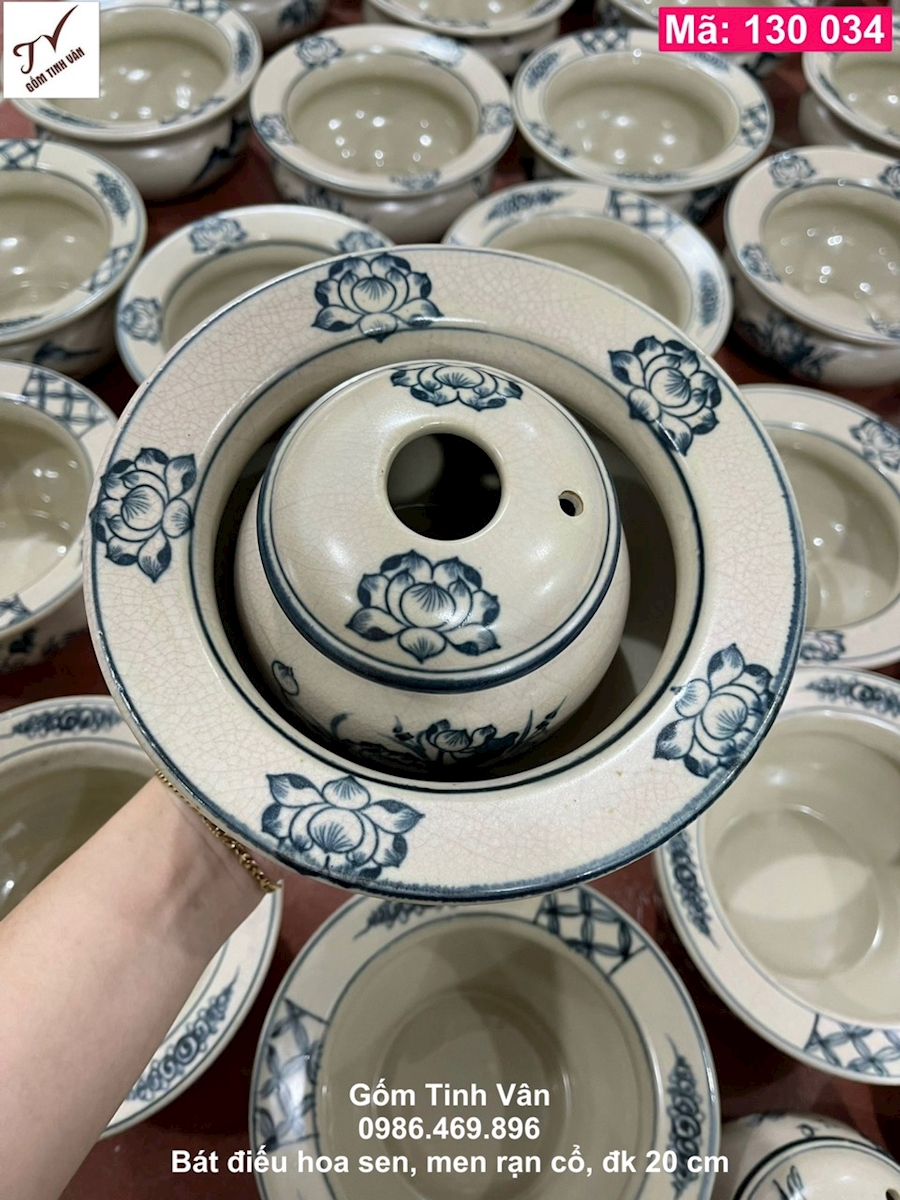 Điếu bát men rạn cổ, vẽ hoa sen, mã 130034, đk 20 cm, điếu hút thuốc lào, trưng bày, gốm bát tràng, tinh vân