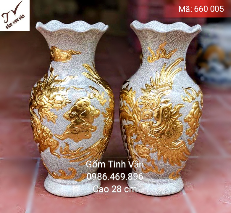 Lọ hoa rát vàng 24k, mã 660005, miệng lượn, men rạn cổ đắp nổi, rồng phượng, cao 28 cm, gốm bát tràng, tinh vân