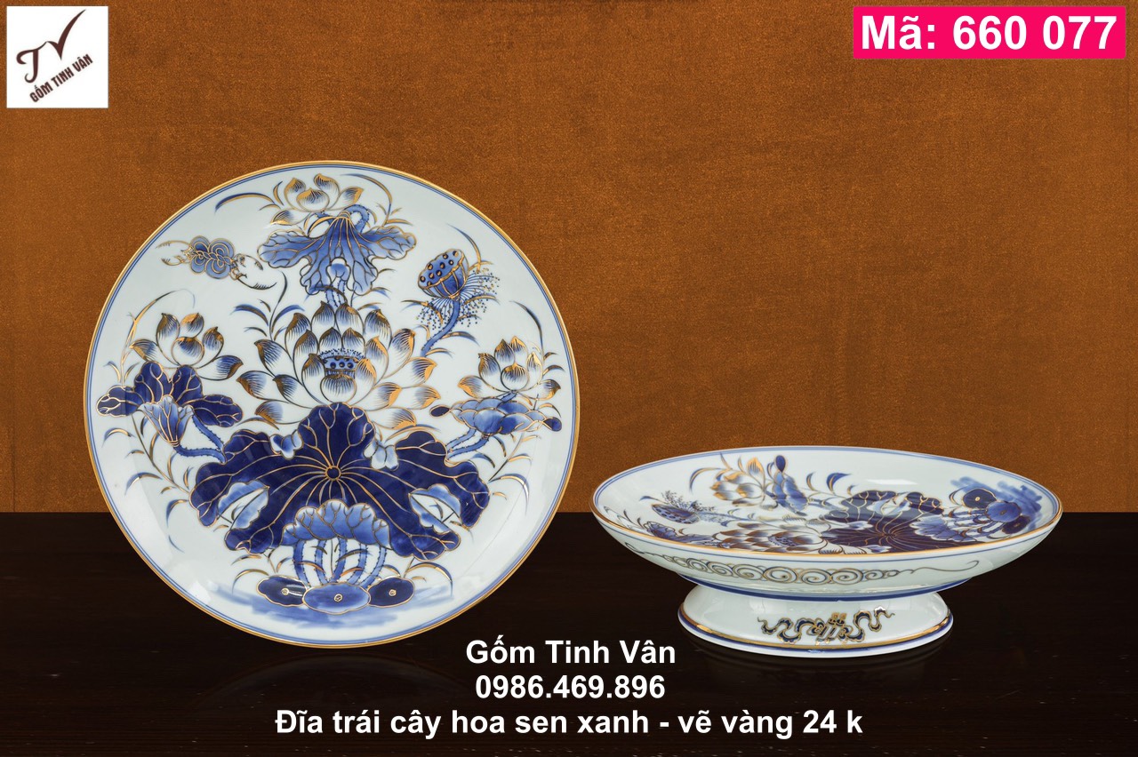 Mâm bồng, đĩa trái cây, mã 660077, hoa sen xanh lam, vẽ vàng 24k cao cấp, đồ thờ cúng, gốm bát trang
