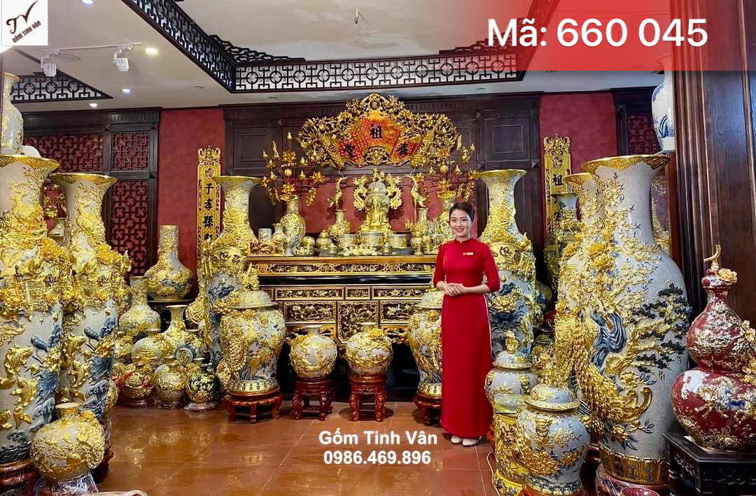 Trọn bộ đồ thờ cúng gia tiên rát vàng 24k cao cấp, mã 660045, men rạn cổ, hoa văn đắp nổi 3D, lọ lục bình, bình hút tài lộc, đỉnh hạc, bát nhang, đồ thờ gốm bát tràng tinh vân