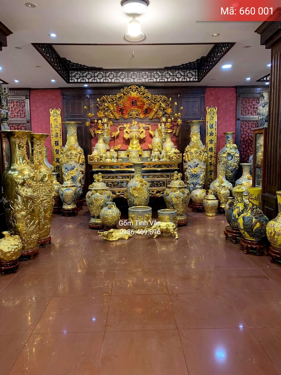 Trọn bộ đồ thờ cúng, lọ lục bình, mã 660001, rát vàng 24k, hoa văn đắp nổi cao cấp, gốm bát tràng, tinh vân