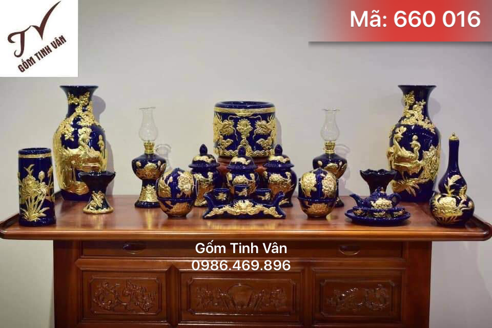 Trọn bộ đồ thờ men lam, mệnh thủy, mã 660016, đắp nổi, rát vàng, gốm bát tràng cao cấp, gốm tinh vân