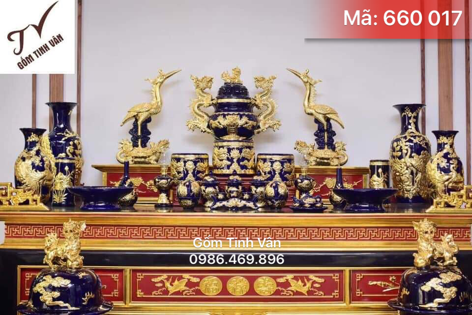Trọn bộ đồ thờ men lam, mệnh thủy, mã 660017, đắp nổi, rát vàng, gốm bát tràng cao cấp, gốm tinh vân
