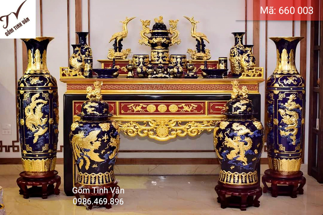 Trọn bộ đồ thờ, mã 660003, men xanh đen rát vàng 24k, đỉnh hạc, lục bình, choé đắp nổi, gốm bát tràng, tinh vân cao cấp