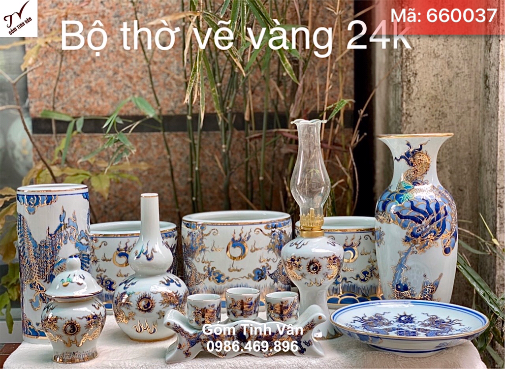 Bộ đồ thờ cúng hoa sen xanh lam vẽ vàng 24k, mã 660037, thờ ban gia tiên, rồng chầu nguyệt vẽ tay sắc nét, bộ bát nhang, chung nước, đĩa trái cây..., đồ thờ cúng bát tràng cao cấp