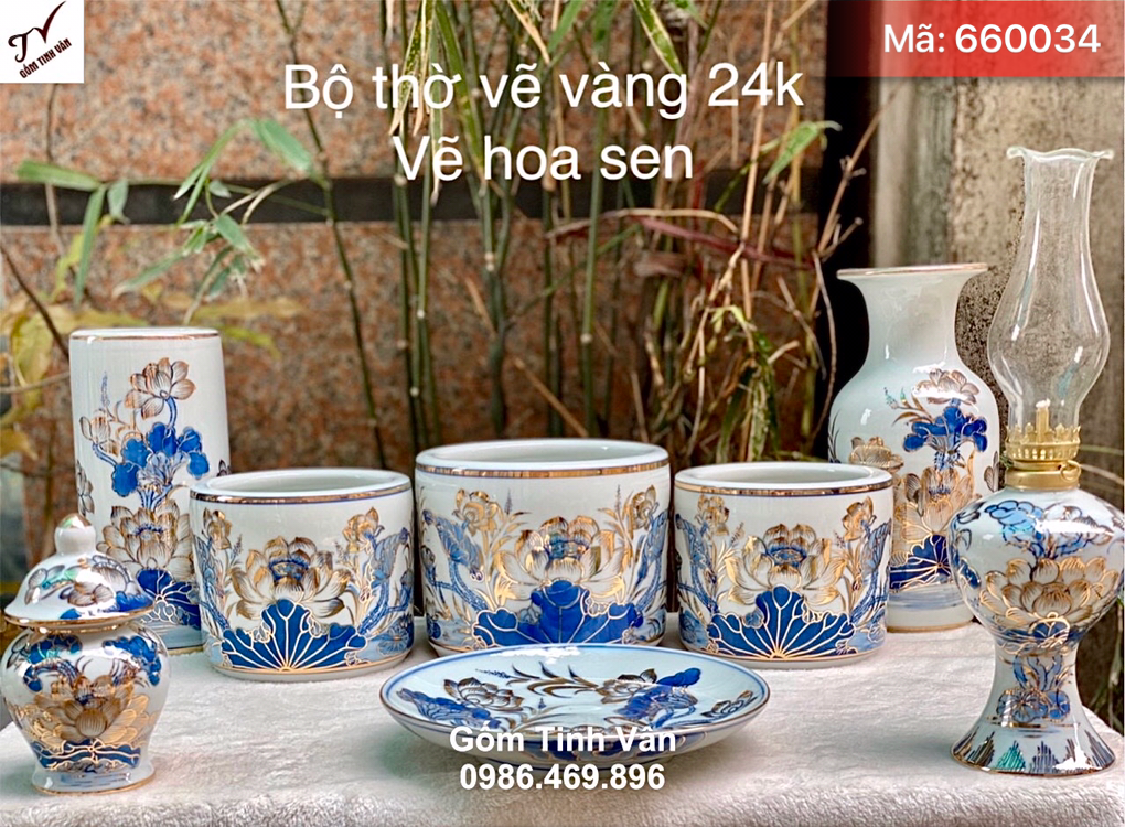 Bộ đồ thờ cúng hoa sen xanh lam vẽ vàng 24k, mã 660034, thờ ban phật, hoa sen vẽ tay sắc nét, bộ bát nhang, chung nước, đĩa trái cây..., đồ thờ cúng bát tràng cao cấp
