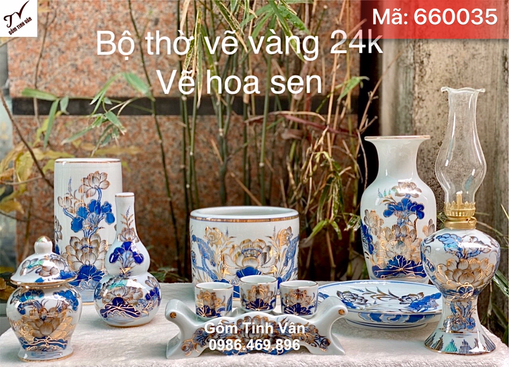 Bộ đồ thờ cúng hoa sen xanh lam vẽ vàng 24k, mã 660035, thờ ban phật, hoa sen vẽ tay sắc nét, bộ bát nhang, chung nước, đĩa trái cây..., đồ thờ cúng bát tràng cao cấp