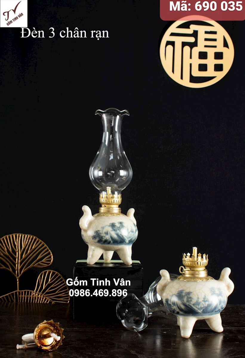 1 chiếc đèn 3 chân rạn, mã 690035, đèn dầu kiểu cổ cao cấp, đồ thờ cúng, gốm bát tràng tinh vân