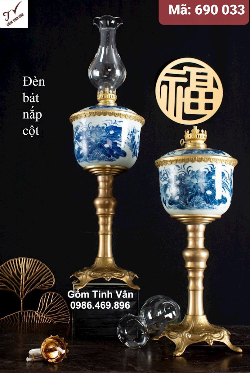 1 chiếc đèn bát nắp cột, mã 690033, đèn dầu kiểu cổ cao cấp, đồ thờ cúng, gốm bát tràng tinh vân