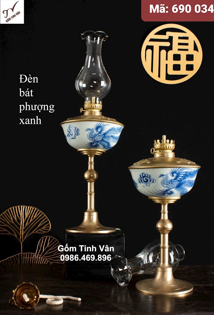 1 chiếc đèn bát phượng xanh, mã 690034, đèn dầu kiểu cổ cao cấp, đồ thờ cúng, gốm bát tràng tinh vân