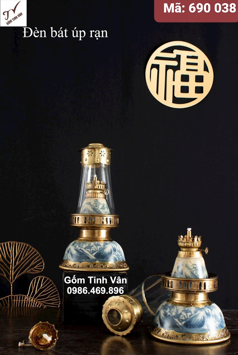 1 chiếc đèn bát úp rạn, mã 690038, đèn dầu kiểu cổ cao cấp, đồ thờ cúng, gốm bát tràng tinh vân