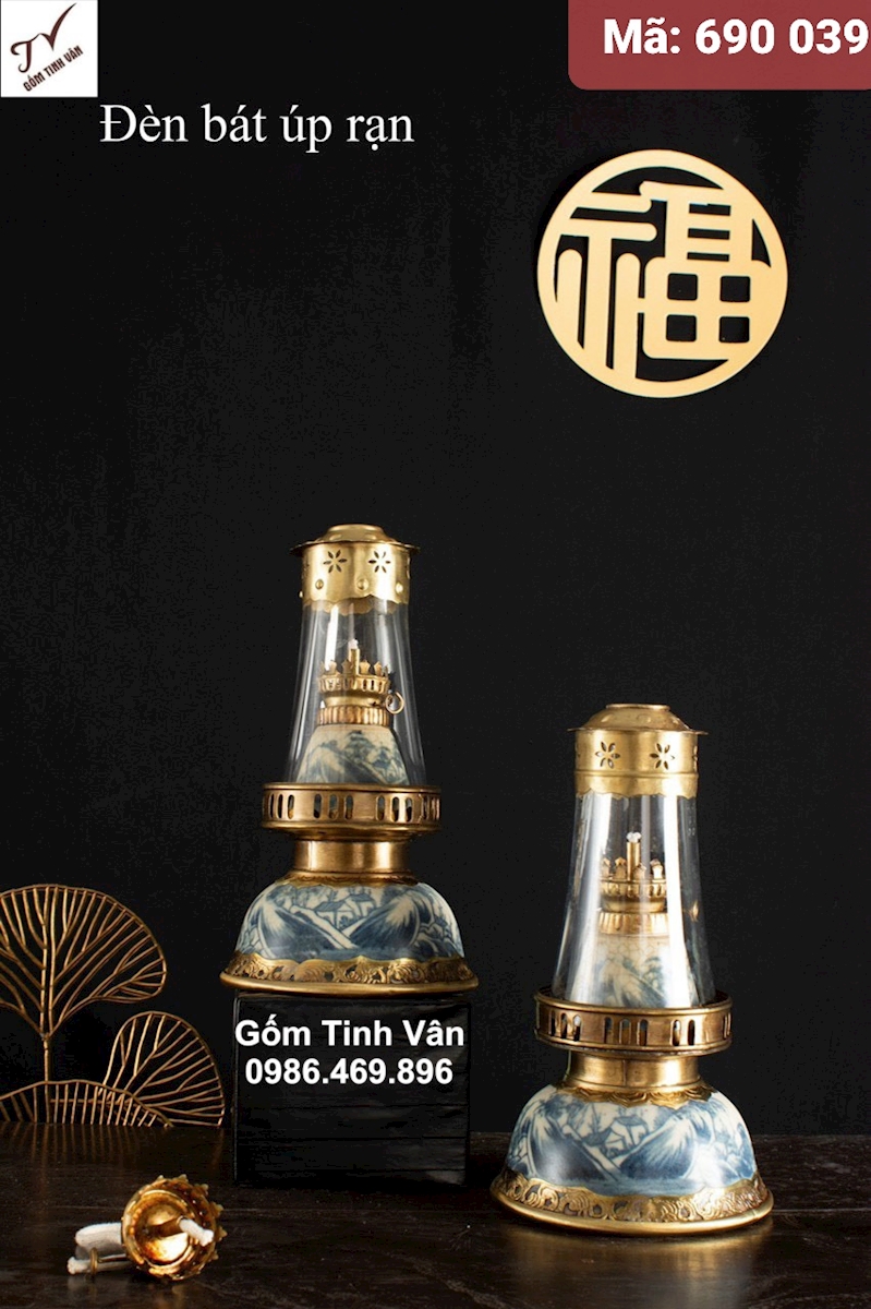 1 chiếc đèn bát úp rạn, mã 690039, đèn dầu kiểu cổ cao cấp, đồ thờ cúng, gốm bát tràng tinh vân