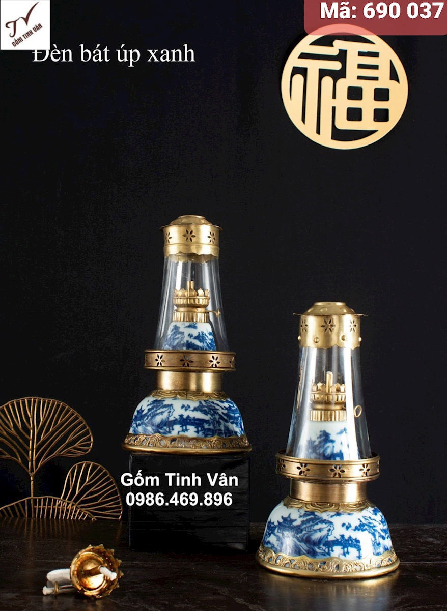 1 chiếc đèn bát úp xanh , mã 690037, đèn dầu kiểu cổ cao cấp, đồ thờ cúng, gốm bát tràng tinh vân