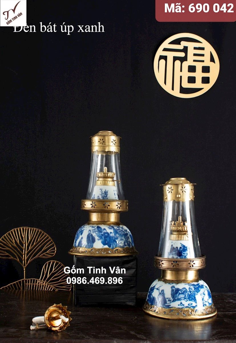 1 chiếc đèn bát úp xanh, mã 690042, đèn dầu kiểu cổ cao cấp, đồ thờ cúng, gốm bát tràng tinh vân