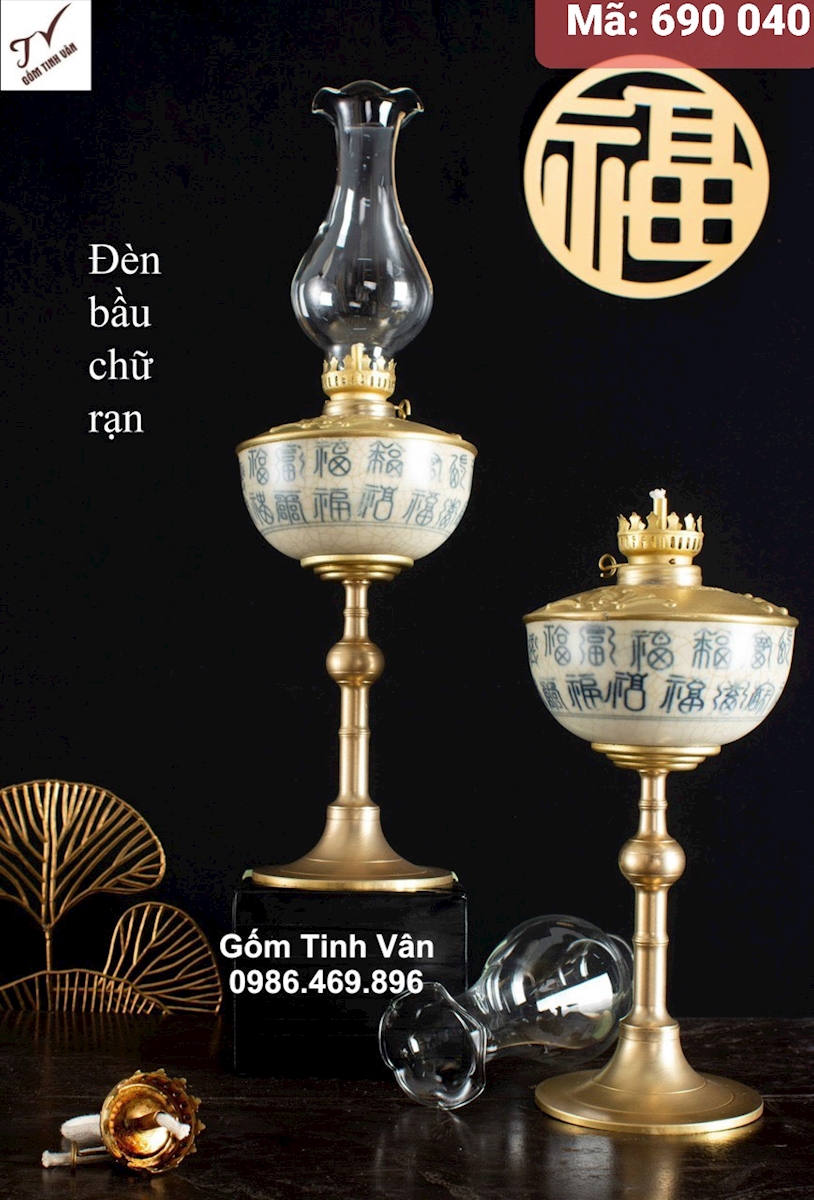 1 chiếc đèn bầu chữ rạn, mã 690040, đèn dầu kiểu cổ cao cấp, đồ thờ cúng, gốm bát tràng tinh vân