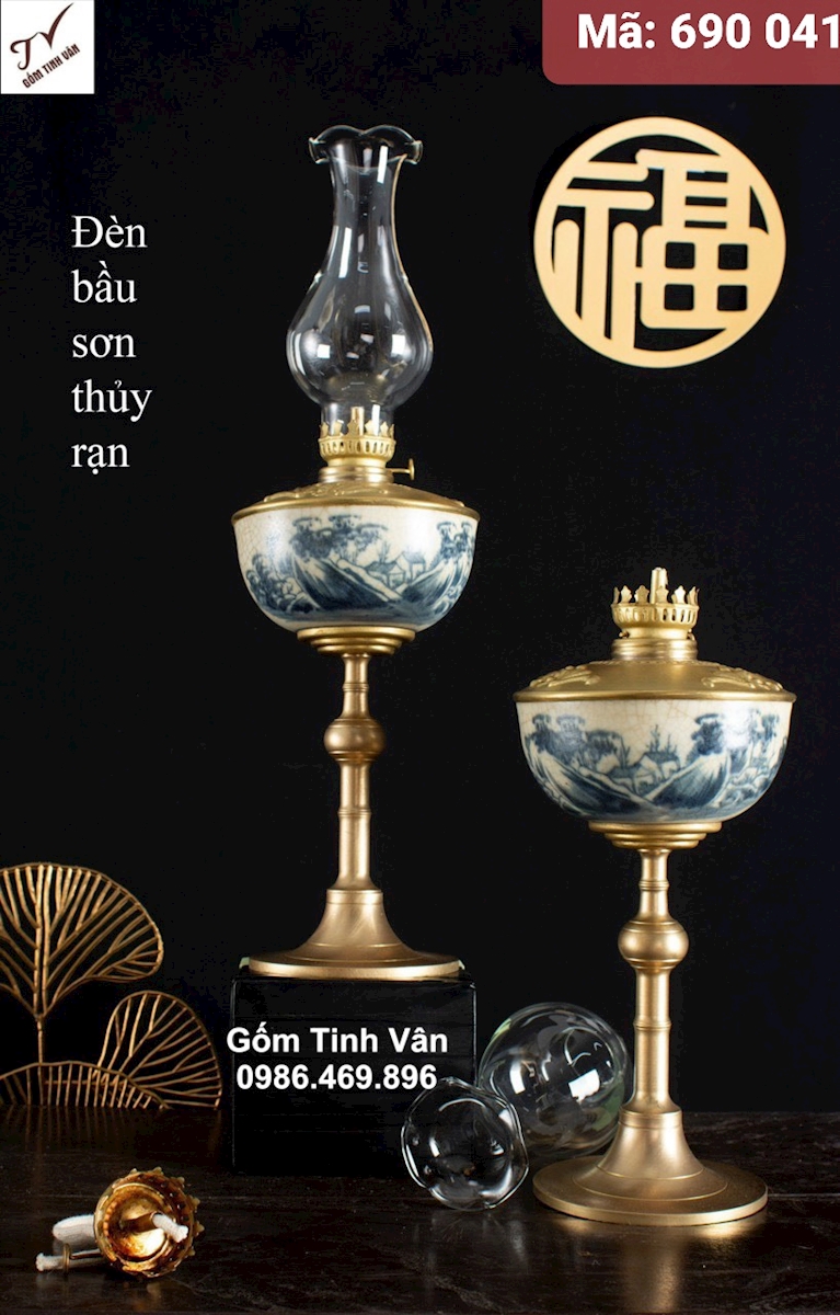 1 chiếc đèn bầu sơn thủy rạn, mã 690041, đèn dầu kiểu cổ cao cấp, đồ thờ cúng, gốm bát tràng tinh vân