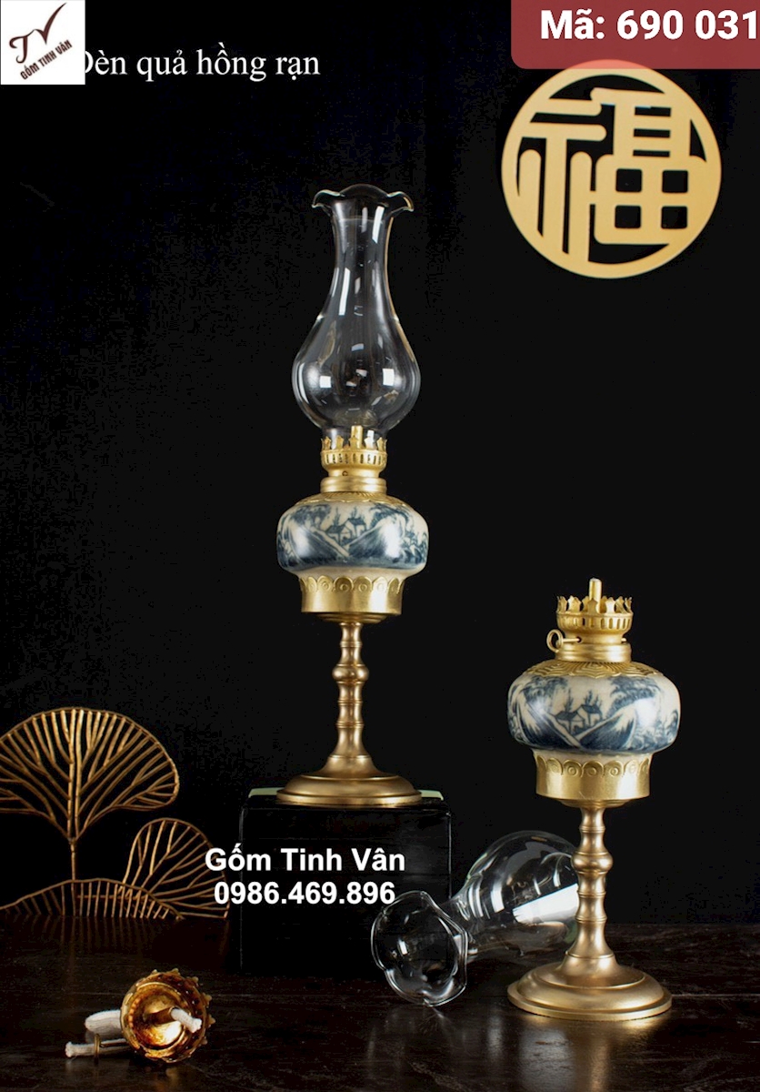 1 chiếc đèn quả hồng rạn, mã 690031, đèn dầu kiểu cổ cao cấp, đồ thờ cúng, gốm bát tràng tinh vân