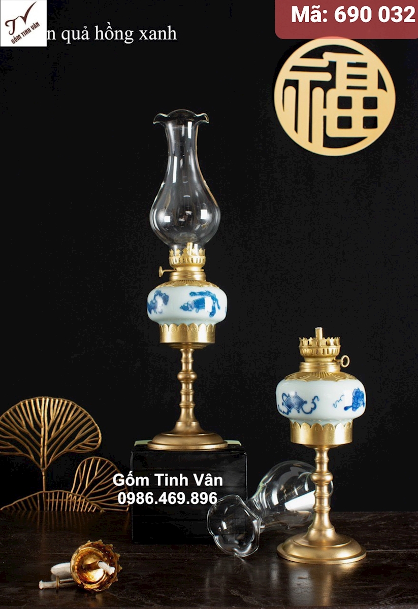 1 chiếc đèn quả hồng xanh, mã 690032, đèn dầu kiểu cổ cao cấp, đồ thờ cúng, gốm bát tràng tinh vân