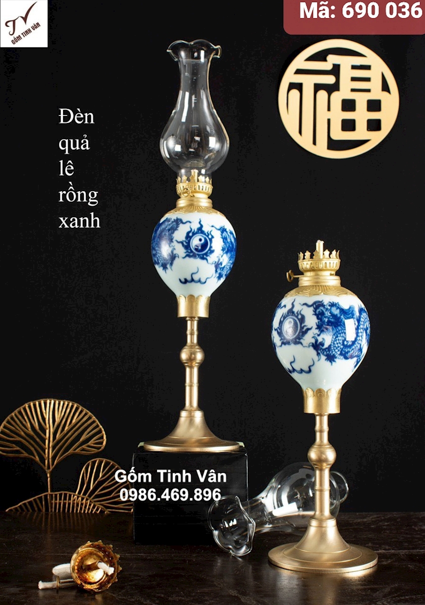 1 chiếc đèn quả lê rồng xanh , mã 690036, đèn dầu kiểu cổ cao cấp, đồ thờ cúng, gốm bát tràng tinh vân