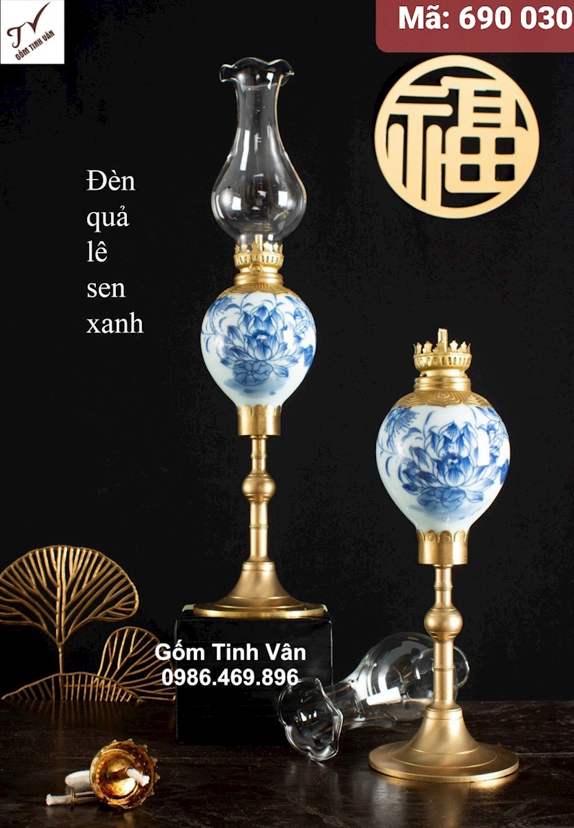 1 chiếc đèn quả lê sen xanh, mã 690030, đèn dầu kiểu cổ cao cấp, đồ thờ cúng, gốm bát tràng tinh vân