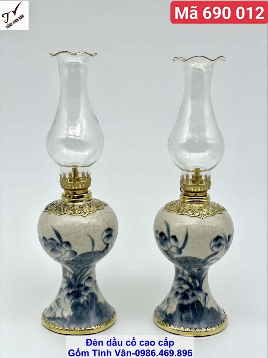 Cặp đèn dầu bọc đồng dáng tròn men rạn cổ cao 20 cm, mã 690012, vẽ hoa sen truyền thống, dung tích 300ml, đồ thờ cúng, kiểu dáng sang trọng, gốm sứ bát tràng tinh vân