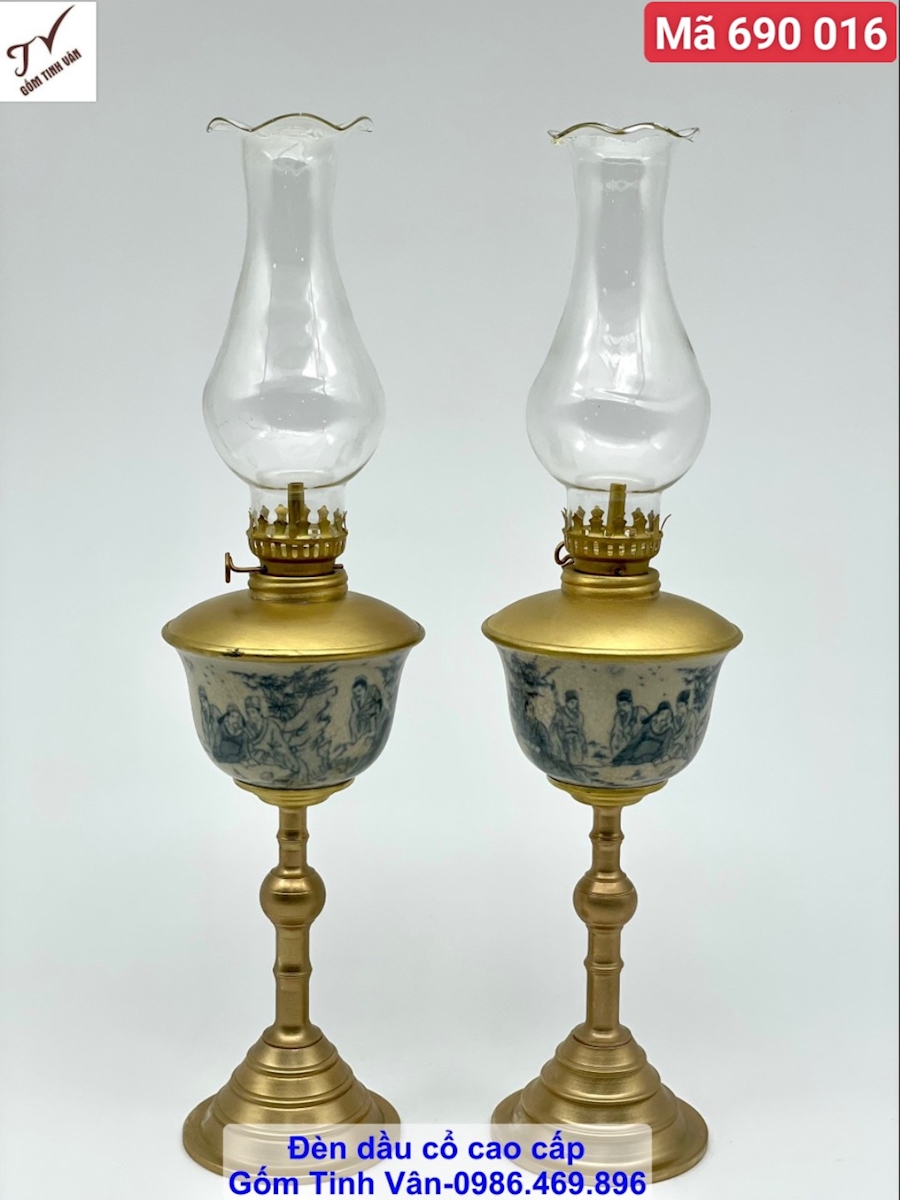 Cặp đèn dầu men rạn cổ vẽ trơn, mã 690016, vẽ tay cảnh trúc lâm thất hiền, cao 38 cm, dung tích 250ml, chân đồng thon cao, đồ thờ cúng trang trí, gốm sứ bát tràng tinh vân